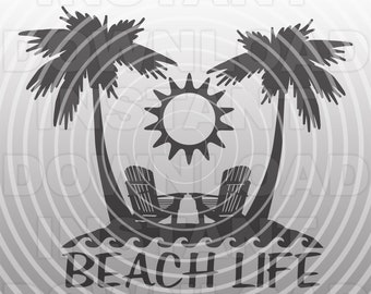 May include: Black and white silhouette design of two palm trees, a sun, two beach chairs, and waves with the text "Beach Life" underneath.
