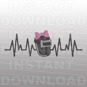May include: A black welding helmet with a pink bow on top, in front of a gray and white striped background. The helmet is inside a stylized heartbeat.