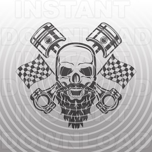 Crossed Pistons Checkered Flag Car Racing Skull with Beard SVG File -Vector Art Commercial/Personal Use- Silhouette,Cameo,Cricut,Vinyl Decal