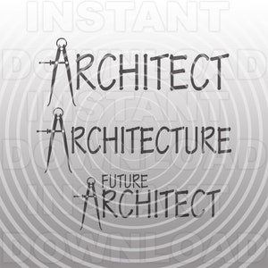 Può includere: Grafica in bianco e nero con le parole "Architetto", "Architettura" e "Architetto del futuro" con un grafico di compasso accanto a ciascuna parola.