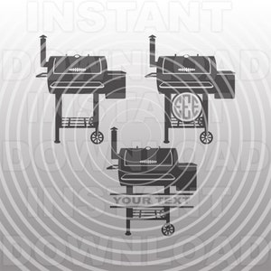 Może przedstawiać: Trzy czarne sylwetki obrazów wędzarki z designem opalanym drewnem. Górna wędzarnia ma napis "EEE". Dolna wędzarnia ma napis "YOUR TEXT".
