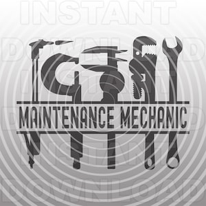 Puede incluir: Silueta en blanco y negro de varias herramientas, incluyendo una llave inglesa, alicates, un martillo y un nivel. Las herramientas están dispuestas en una línea vertical con el texto "MAINTENANCE MECHANIC" en el centro.