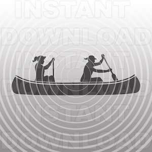 Peut inclure: Silhouette de deux personnes pagayant dans un canoë sur un lac. Le canoë est noir et l'eau est représentée par des cercles concentriques.