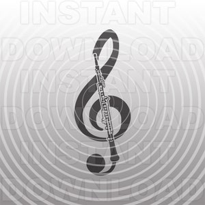 May include: A black and white illustration of a treble clef with an oboe inside. The background is a gray gradient with concentric circles.