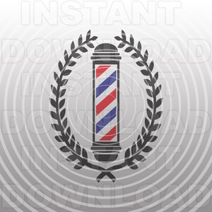 Könnte beinhalten: Ein schwarz-weißer Friseur-Ständer mit roten und blauen Streifen, umgeben von einem Lorbeerkranz.