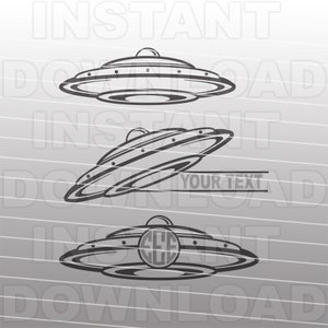 May include: Three black and white UFO designs. The top UFO is a simple design. The middle UFO has a banner below it that says "YOUR TEXT". The bottom UFO has a monogram in the center.