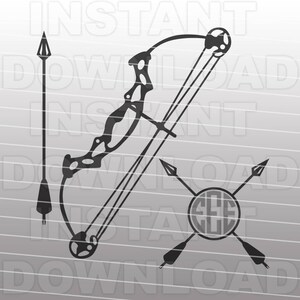 May include: Black and white silhouette of a bow and arrow with a monogrammed target. The monogram is the letters "EEE" in a circle.