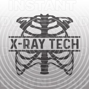 May include: Black and white silhouette of a ribcage with the text "X-RAY TECH" in a banner below. The image is set against a background of concentric circles.