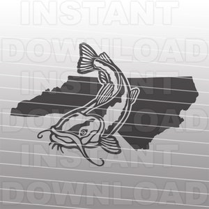 May include: Black and white silhouette of a catfish jumping out of the water, with the outline of the state of North Carolina behind it.
