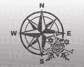 Floral Compass Rose SVG File,Travel Adventure SVG File -Vector Art for Commercial & Personal Use,SVG Cut File Silhouette and Cricut Cutter