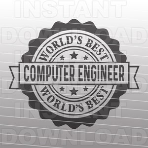 Könnte beinhalten: Ein schwarzer und weißer runder Aufkleber mit einem grauen Sternenausbruch-Design. Der Aufkleber sagt "World's Best Computer Engineer" in einem Banner.