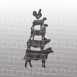 May include: Silhouette of a rooster, a goat, a pig, and a cow stacked on top of each other. The animals are all facing the right side of the image.