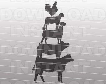 Peut inclure: Silhouette d'un coq, d'une chèvre, d'un cochon et d'une vache empilés les uns sur les autres. Les animaux sont tous tournés vers la droite de l'image.