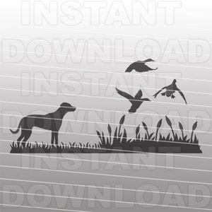 Labrador Retriever perro caza patos archivo SVG, arma perro caza SVG, arte vectorial uso comercial y personal, Cricut, silueta Cameo, calcomanía de vinilo