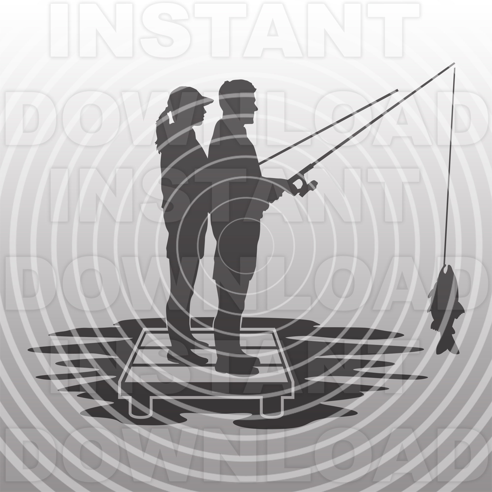 Young Couple With Fishing Rods Fishing Together on Dock SVG File