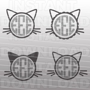 May include: Four black and white cat head silhouettes with a circle in the middle for a monogram. The circles have a decorative border.