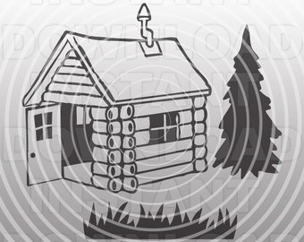 Pode incluir: Uma ilustração em preto e branco de uma cabana de madeira com uma chaminé, uma única janela e uma porta. A cabana é cercada por grama e um pinheiro.