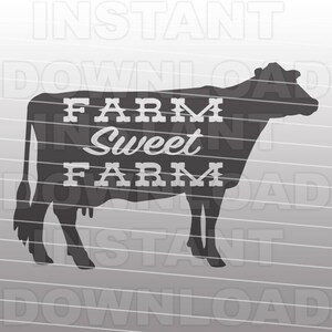 以下が含まれることがあります： 白い文字で「Farm Sweet Farm」と書かれた、牛の黒いシルエットです。