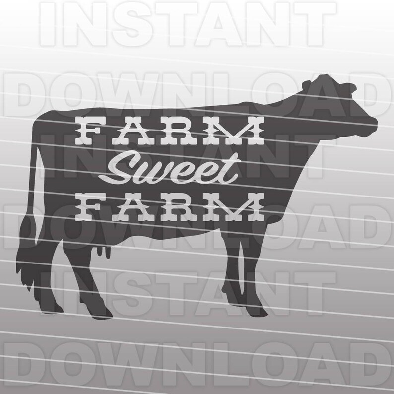 以下が含まれることがあります： 白い文字で「Farm Sweet Farm」と書かれた、牛の黒いシルエットです。