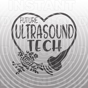 May include: Black and white graphic design of a heart with the text "Future Ultrasound Tech" inside. The heart is decorated with a floral design and a stylized ultrasound wand.