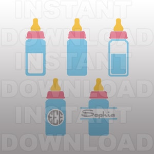May include: Five blue baby bottles with pink and yellow nipples. Two bottles have a white label, one says "Sophia" and the other has a monogram.