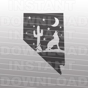 Contour du Nevada avec fichier SVG scène désert sud-ouest, Coyote SVG, Cactus SVG, Vector Art, fer sur vinyle, vinyle autocollant, usage personnel et commercial