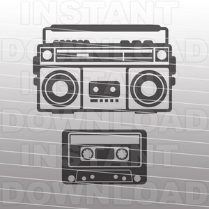 May include: A black and white illustration of a vintage boombox with a cassette tape player below it. The boombox has two speakers, a cassette player, and a radio dial. The cassette tape player has a cassette tape inside.