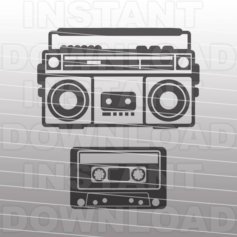 May include: A black and white illustration of a vintage boombox with a cassette tape player below it. The boombox has two speakers, a cassette player, and a radio dial. The cassette tape player has a cassette tape inside.