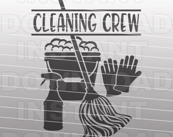 May include: Black and white illustration of a cleaning crew with a bucket, mop, spray bottle, and gloves. The text "Cleaning Crew" is above the illustration.