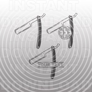 May include: Three black and white straight razors with a monogram circle on one razor and the text "YOUR TEXT" on another razor.