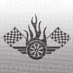 May include: Black and white checkered racing flags on either side of a black tire with flames behind it. The tire has a stylized wheel design.