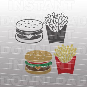 May include: Two black and white images of hamburgers with a sesame seed bun, lettuce, tomato, and cheese. Two black and white images of french fries in a red and white container.