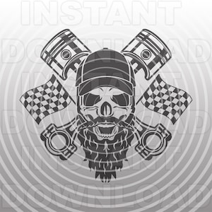 May include: Black and white illustration of a skull wearing a baseball cap and a beard. The skull is surrounded by crossed pistons and a checkered flag.