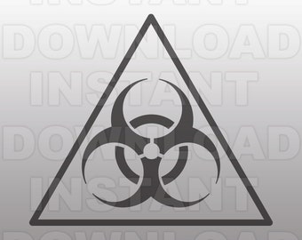 May include: A dark gray biohazard symbol inside a triangle. The biohazard symbol is a trefoil shape, and the triangle is an equilateral shape. The image has a gradient background with the word "INSTANT DOWNLOAD" repeated.