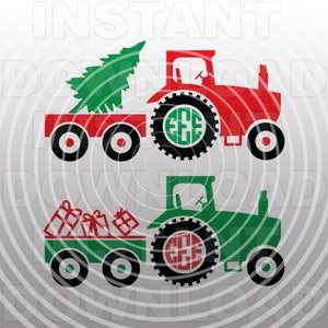 May include: Two red and green tractor silhouettes with a Christmas tree and presents in the back. The tractor wheels have black circles with the letters "EEE" in the centre.