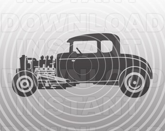 May include: A black silhouette of a vintage hot rod car with a large engine and wide tires. The car is set against a background of concentric circles.