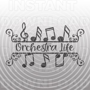 May include: Black and white graphic design featuring musical notes and the text "Orchestra Life".