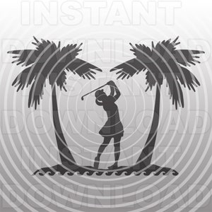 Vrouw golfer SVG-bestand, golftoernooi SVG, golfbaan palmboom strand scène SVG-commercieel/persoonlijk gebruik-silhouet, Cricut, cameo, vinyl sticker