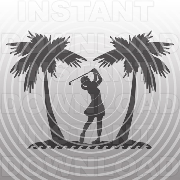 Woman Golfer SVG File,Golf Tournament SVG,Golf Course Palm Tree Beach Scene SVG -Commercial/Personal Use-Silhouette,Cricut,Cameo,Vinyl Decal