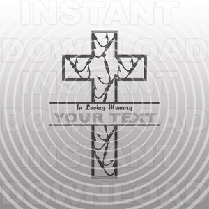 May include: Black and white silhouette of a cross with fishing hooks and the text "In Loving Memory" and a space for "Your Text".