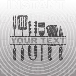 May include: Black and white silhouette of kitchen utensils, including a spatula, fork, tongs, a brush, a cleaver, and two knives. The text "YOUR TEXT" is displayed on a shelf above the utensils.