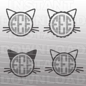 May include: Four black and white cat head silhouettes with a circle in the middle for a monogram. The circles have a decorative border.