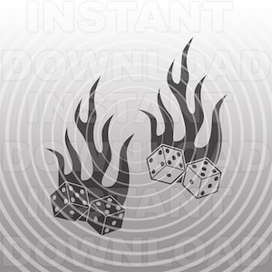 Puede incluir: Ilustración en blanco y negro de dos dados con llamas detrás. Los dados tienen forma de cubos con puntos en cada lado. Las llamas son estilizadas y tienen un borde irregular.