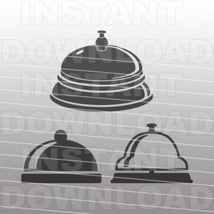 May include: Three black and white hotel service bells. The top bell is larger and has a rounded top. The two smaller bells are identical and have a more pointed top.