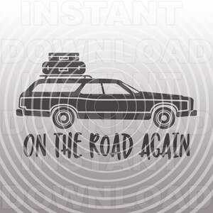 May include: A black and white illustration of a station wagon with luggage on the roof. The text "On the road again" is below the car.