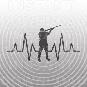 May include: A black silhouette of a person holding a rifle, with a heartbeat line below. The background is a gray circle pattern.