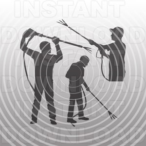 May include: Three people are shown in silhouette using pressure washers. The people are wearing casual clothing and are holding long wands with spray nozzles. The background is a gray and white circular pattern.