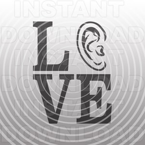 May include: Black and white graphic design of the word "LOVE" with an ear replacing the letter "O".