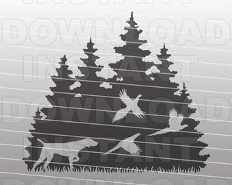 Pheasant Hunting Forest Scene Bird Dog Pointing SVG File,Pheasant Hunter SVG -Vector Art Commercial/Personal Use- Cricut,Silhouette,Cameo