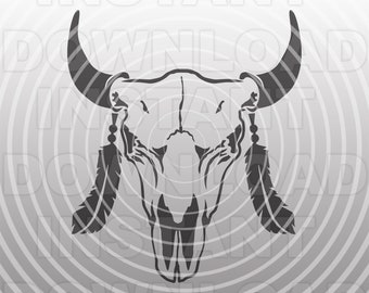 Realistic Buffalo Skull With Feathers SVG -Vector Art Commercial/Personal Use-Cricut,Silhouette Cameo,Vinyl Decal,Iron on vinyl